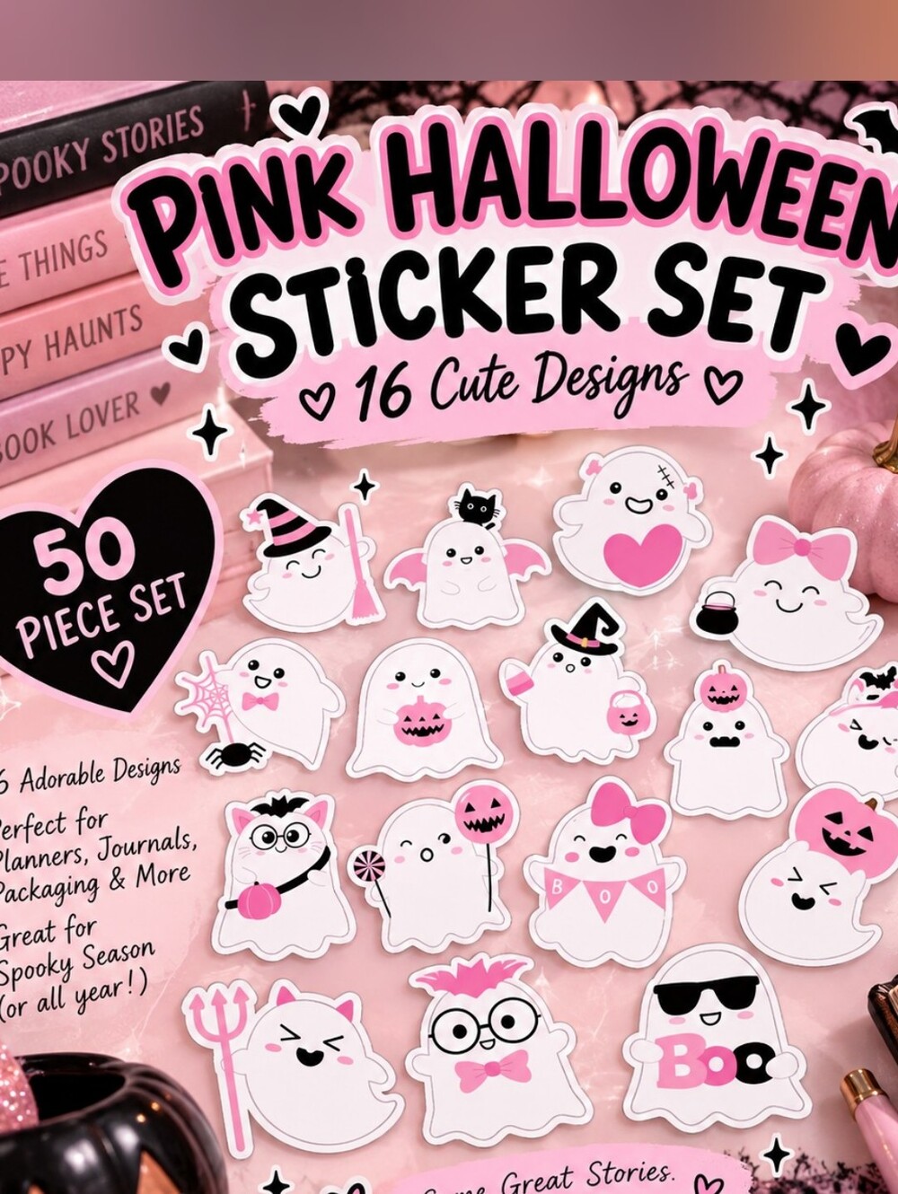 Pink Halloween Ghost Stickers - 50 Piece Set - 16 Cute Designs!!